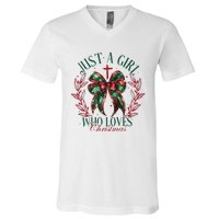 Just A Girl Who Loves Chrsitmas Coquette Bow V-Neck T-Shirt