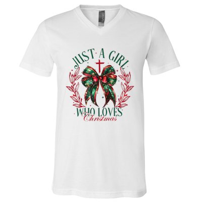 Just A Girl Who Loves Chrsitmas Coquette Bow V-Neck T-Shirt