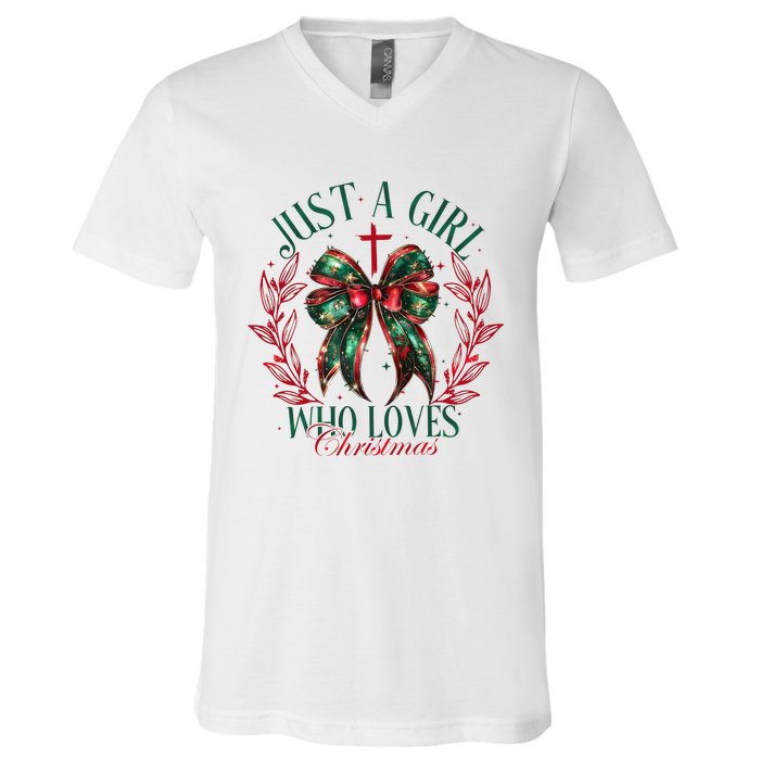 Just A Girl Who Loves Chrsitmas Coquette Bow V-Neck T-Shirt