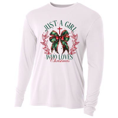 Just A Girl Who Loves Chrsitmas Coquette Bow Cooling Performance Long Sleeve Crew