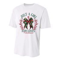 Just A Girl Who Loves Chrsitmas Coquette Bow Performance Sprint T-Shirt