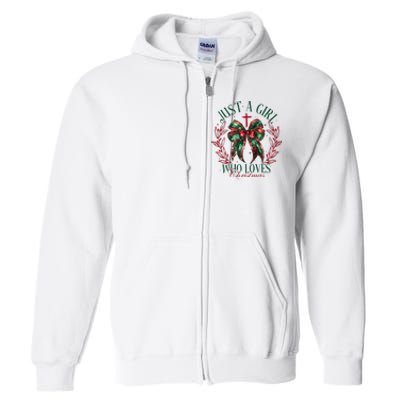 Just A Girl Who Loves Chrsitmas Coquette Bow Full Zip Hoodie