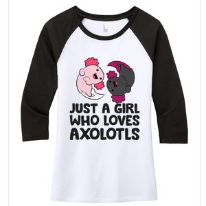 Just A Girl Who Loves Axolotls Pink And Dark Axolotl Women's Tri-Blend 3/4-Sleeve Raglan Shirt