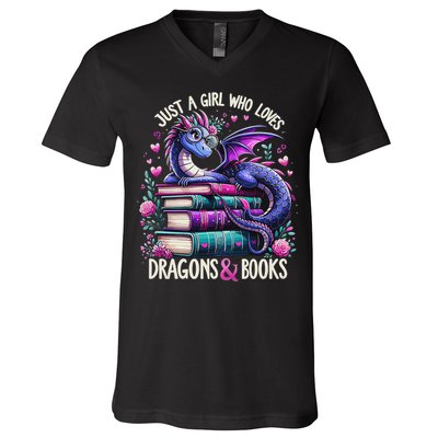 Just A Girl Who Loves Dragons And Books Dragon Reading V-Neck T-Shirt