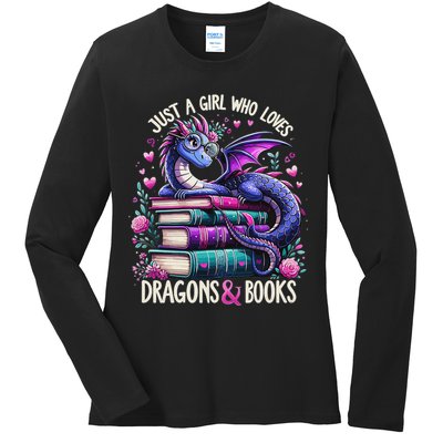 Just A Girl Who Loves Dragons And Books Dragon Reading Ladies Long Sleeve Shirt