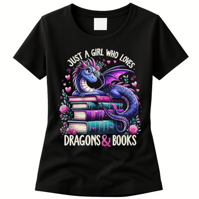 Just A Girl Who Loves Dragons And Books Dragon Reading Womens T-Shirt