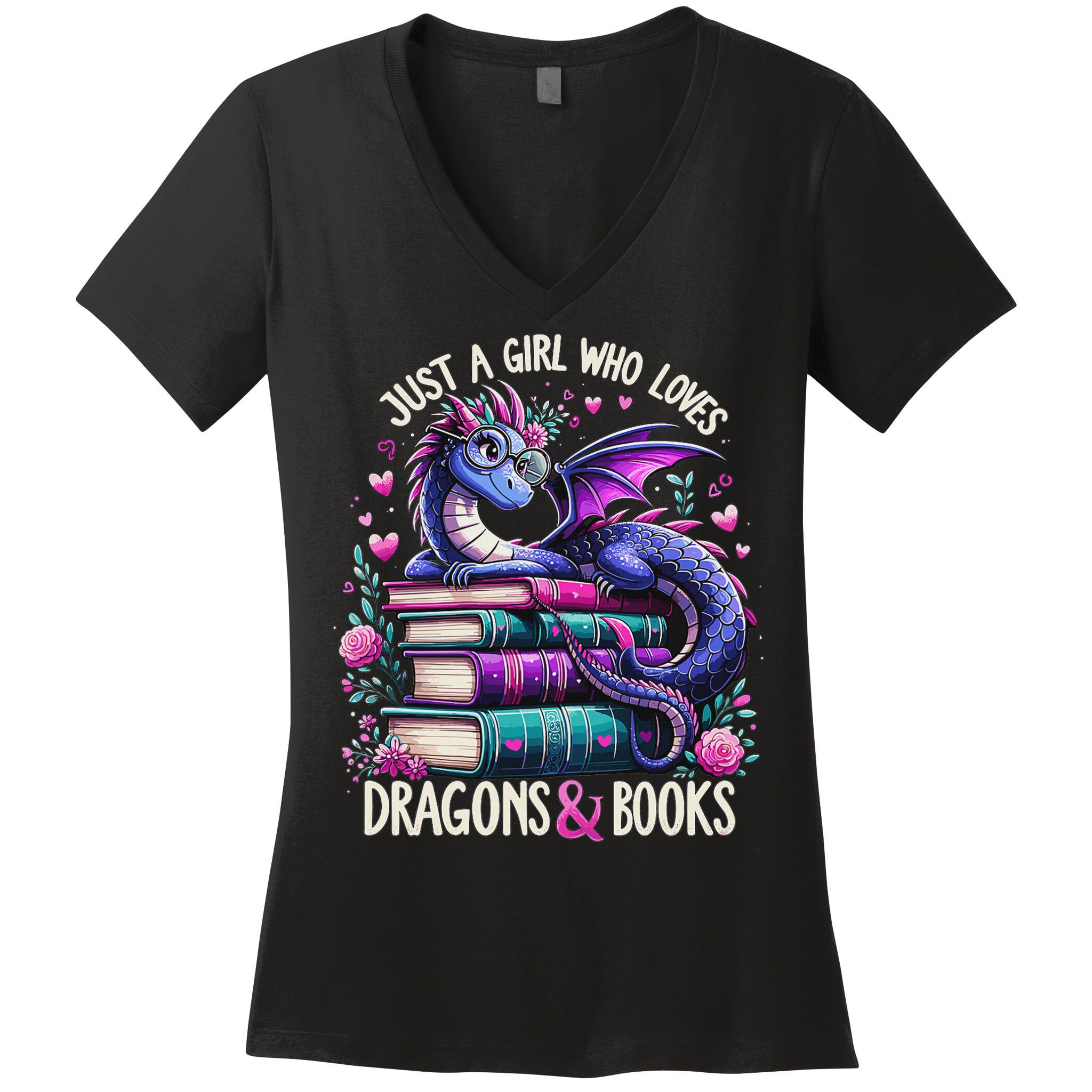 Just A Girl Who Loves Dragons And Books Dragon Reading Women's V-Neck T-Shirt