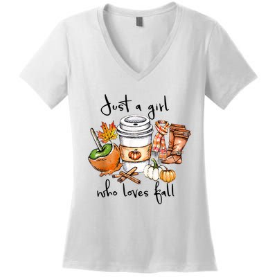 Just A Girl Who Loves Fall Pumpkin Coffee Lover Happy Thankgiving Women's V-Neck T-Shirt