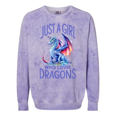 Just A Girl Who Loves Dragons Women Girl Blue Dragon Colorblast Crewneck Sweatshirt