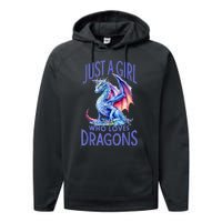 Just A Girl Who Loves Dragons Women Girl Blue Dragon Performance Fleece Hoodie