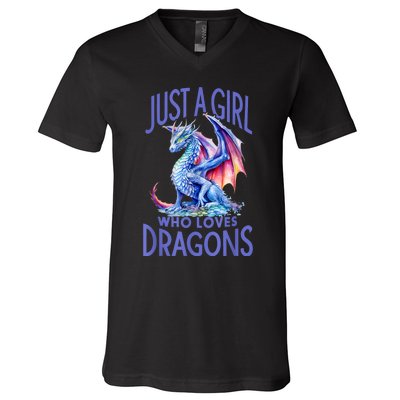 Just A Girl Who Loves Dragons Women Girl Blue Dragon V-Neck T-Shirt