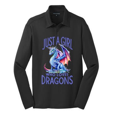 Just A Girl Who Loves Dragons Women Girl Blue Dragon Silk Touch Performance Long Sleeve Polo