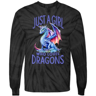 Just A Girl Who Loves Dragons Women Girl Blue Dragon Tie-Dye Long Sleeve Shirt