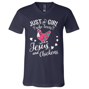 Just A Girl Who Loves Jesus And Chickens Farmer Lover V-Neck T-Shirt