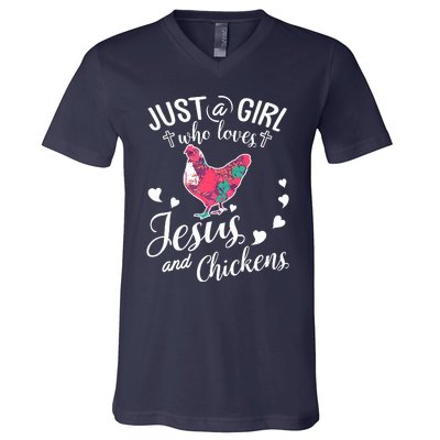 Just A Girl Who Loves Jesus And Chickens Farmer Lover V-Neck T-Shirt