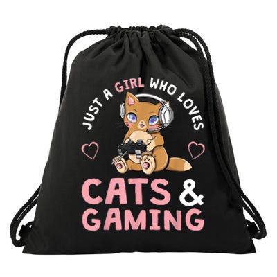 Just A Girl Who Loves Cats And Gaming Cute Gamer Cat Drawstring Bag