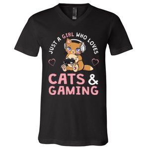 Just A Girl Who Loves Cats And Gaming V-Neck T-Shirt