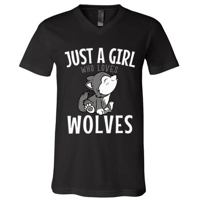 Just A Girl Who Loves Wolves Funny Wolf Doglike Lover Outfit V-Neck T-Shirt