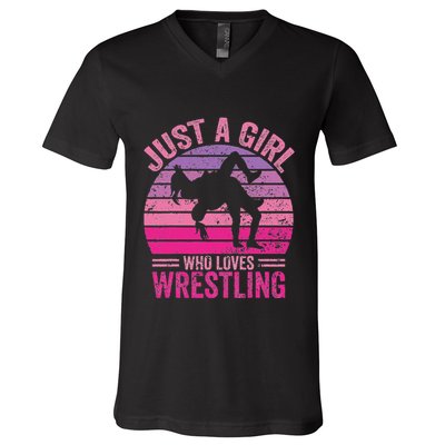 Just A Girl Who Loves Wrestling Funny Wrestle Lover Wrestler V-Neck T-Shirt