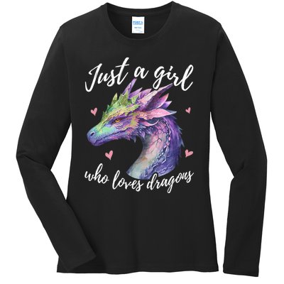 Just A Girl Who Loves Dragons Cute Dragon Watercolor Art Ladies Long Sleeve Shirt