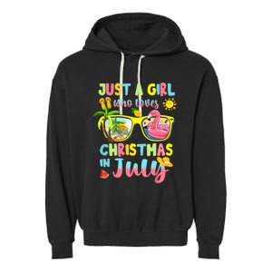 Just A Girl Who Loves Christmas In July Sunglasses Flamingo Design Garment-Dyed Fleece Hoodie