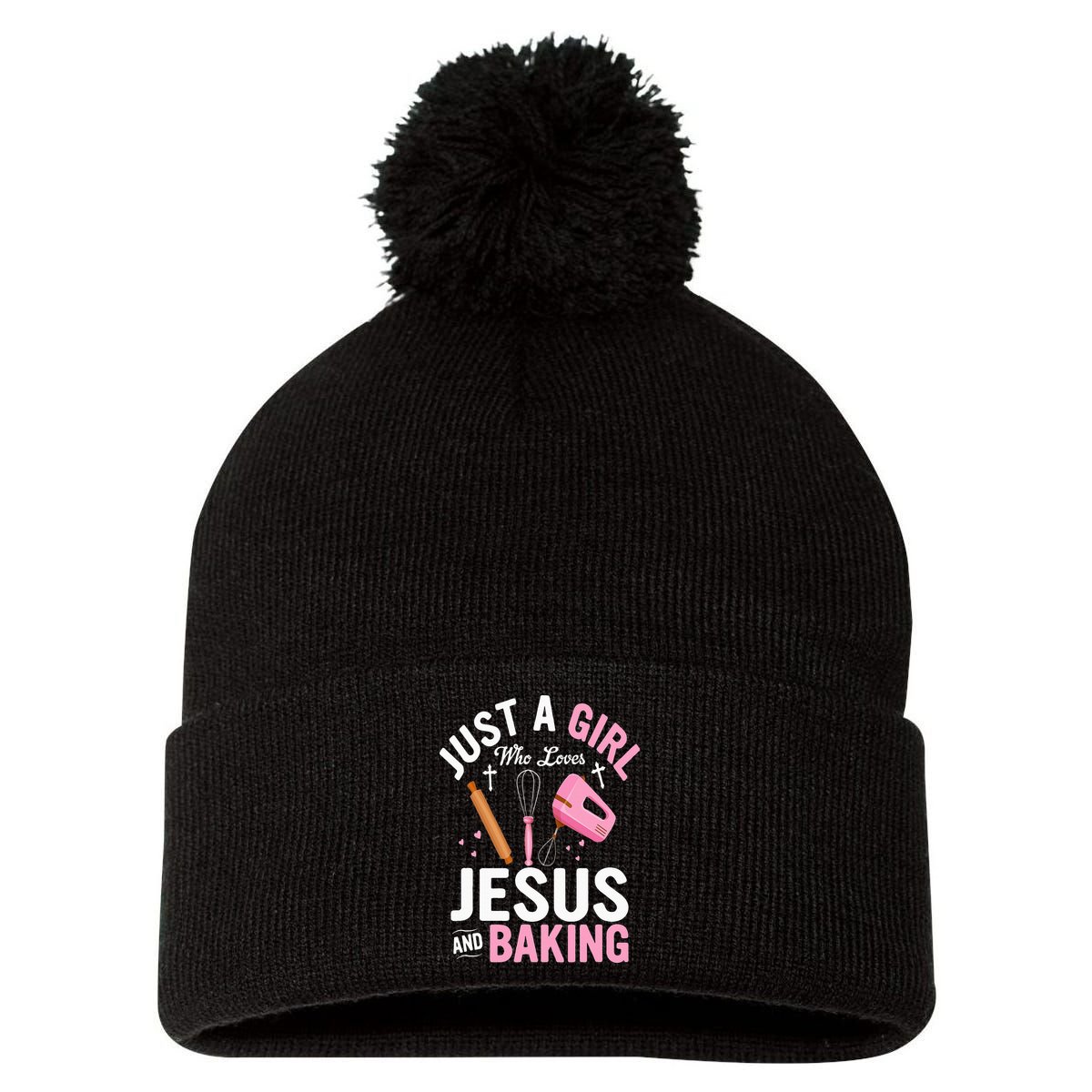 Just A Girl Who Loves Jesus And Baking Bake Cake Cookie Pom Pom 12in Knit Beanie