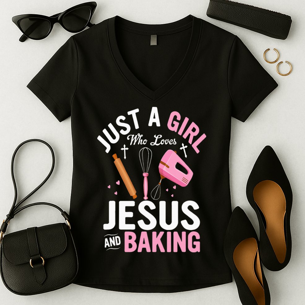 Just A Girl Who Loves Jesus And Baking Bake Cake Cookie Women's V-Neck T-Shirt