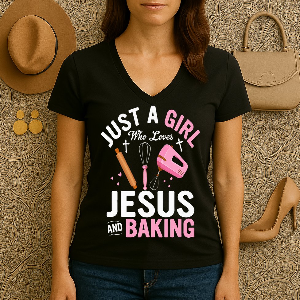 Just A Girl Who Loves Jesus And Baking Bake Cake Cookie Women's V-Neck T-Shirt
