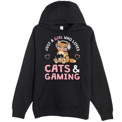 Just A Girl Who Loves Cats And Gaming Cute Gamer Cat Premium Pullover Hoodie