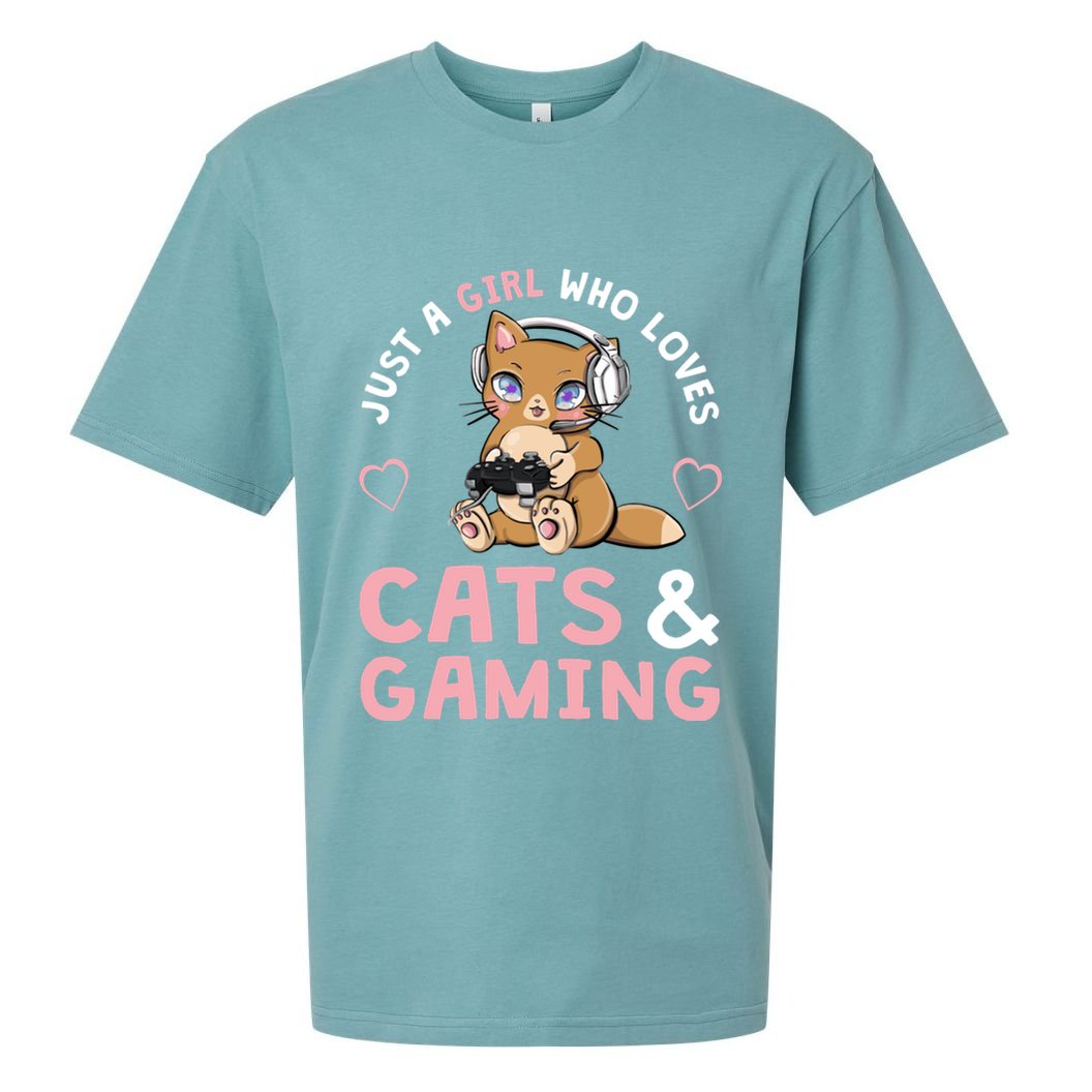 Just A Girl Who Loves Cats And Gaming Cute Gamer Cat Sueded Cloud Jersey T-Shirt