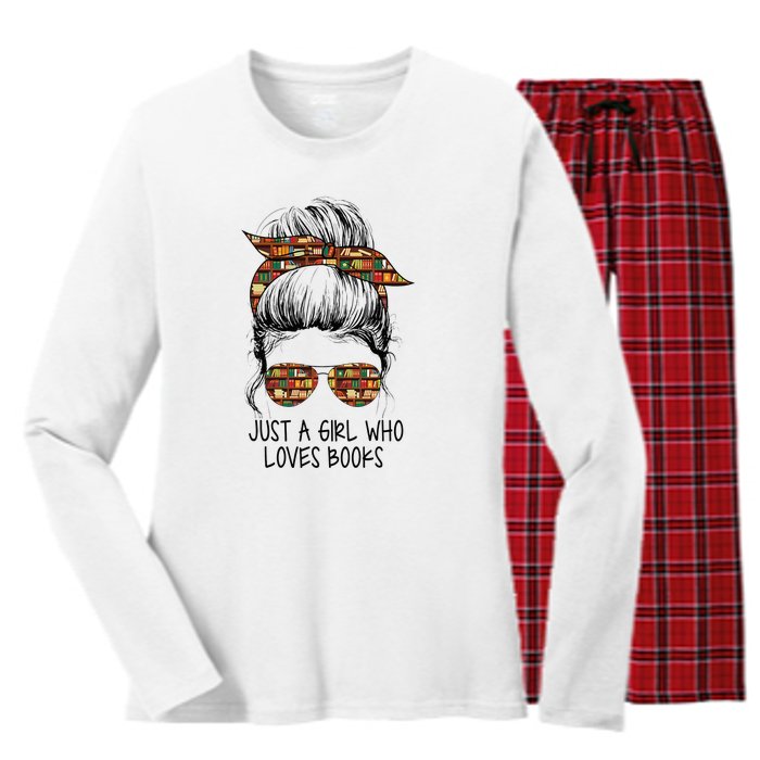 Just A Girl Who Loves Books Funny Messy Bun Women's Long Sleeve Flannel Pajama Set 