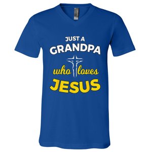 Just A Grandpa Who Loves Jesus Christian Faith Gift V-Neck T-Shirt