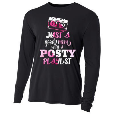 Just a Good Mom with a Posty Play List Funny Saying Mother Cooling Performance Long Sleeve Crew