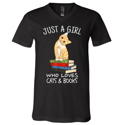 Just A Girl Who Loves Books And Cats Funny Reading TShirt V-Neck T-Shirt