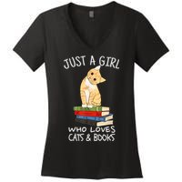 Just A Girl Who Loves Books And Cats Funny Reading TShirt Women's V-Neck T-Shirt
