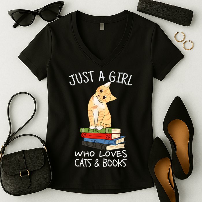 Just A Girl Who Loves Books And Cats Funny Reading TShirt Women's V-Neck T-Shirt