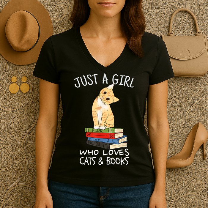 Just A Girl Who Loves Books And Cats Funny Reading TShirt Women's V-Neck T-Shirt