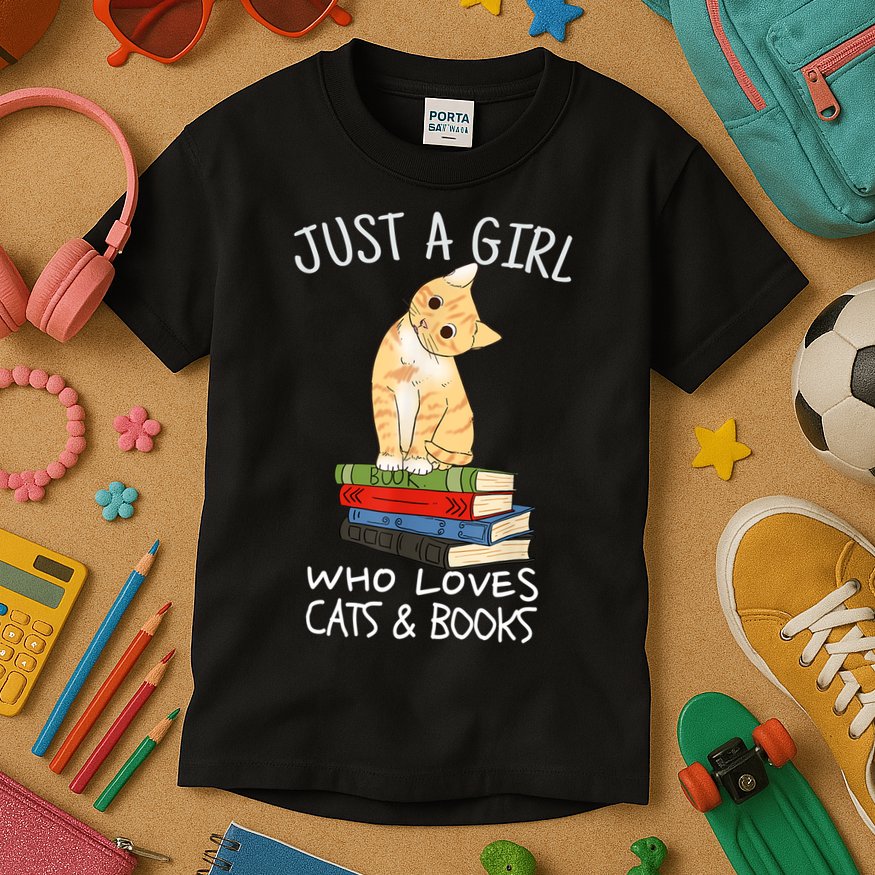 Just A Girl Who Loves Books And Cats Funny Reading TShirt Kids T-Shirt