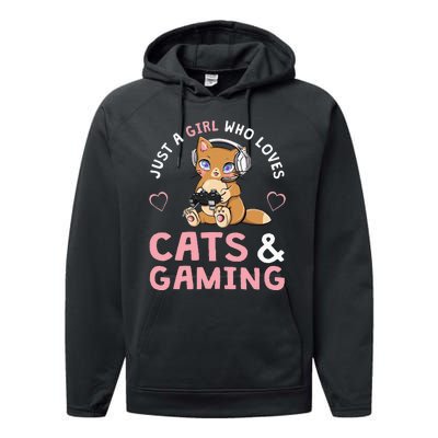 Just A Girl Who Loves Cats And Gaming Cute Gamer Cat Performance Fleece Hoodie