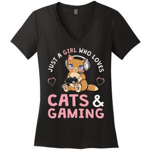 Just A Girl Who Loves Cats And Gaming Cute Gamer Cat Women's V-Neck T-Shirt