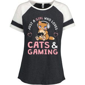 Just A Girl Who Loves Cats And Gaming Cute Gamer Cat Enza Ladies Jersey Colorblock Tee