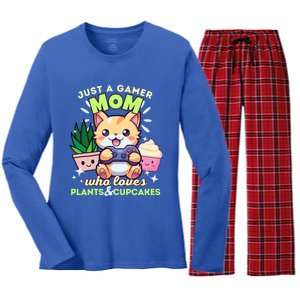 Just A Gamer Mom Who Loves Plants Cupcakes And Gaming Gift Women's Long Sleeve Flannel Pajama Set 