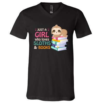 Just A Girl Who Loves Sloths And Books Sloth V-Neck T-Shirt