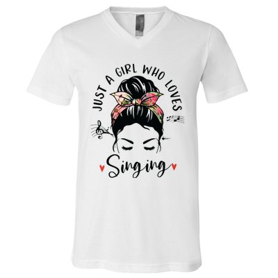 Just A Girl Who Loves Singing Hair Bun Gifts For Singer V-Neck T-Shirt