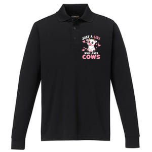 Just A Girl Who Loves Cows Cute Cow Lover Cow Print Performance Long Sleeve Polo