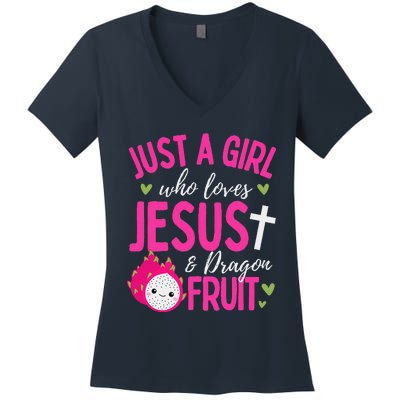 Just A Girl Who Loves Jesus And Dragon Fruit Christian Kawai Women's V-Neck T-Shirt