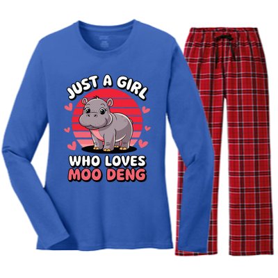 Just A Girl Who Loves Moo Deng Cute Baby Hippo Women's Long Sleeve Flannel Pajama Set 