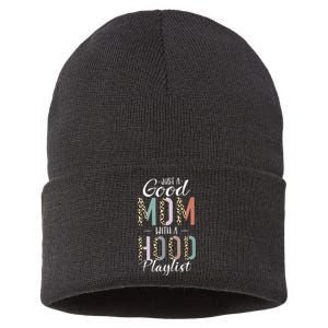 Just A Good Mom with A Hood Playlist Mama Gifts Funny Sustainable Knit Beanie