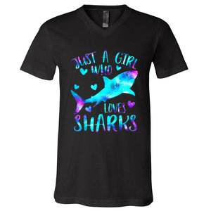 Just A Girl Who Loves Sharks Galaxy Shark Lover Theme Girls V-Neck T-Shirt