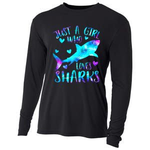 Just A Girl Who Loves Sharks Galaxy Shark Lover Theme Girls Cooling Performance Long Sleeve Crew